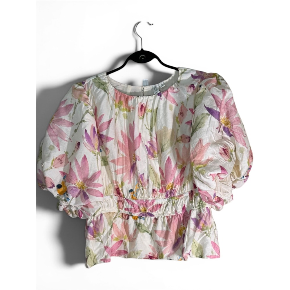 Joie Floral Puff Sleeve Smocked Waist Peplum Blouse Pink Purple Plus Size 2X